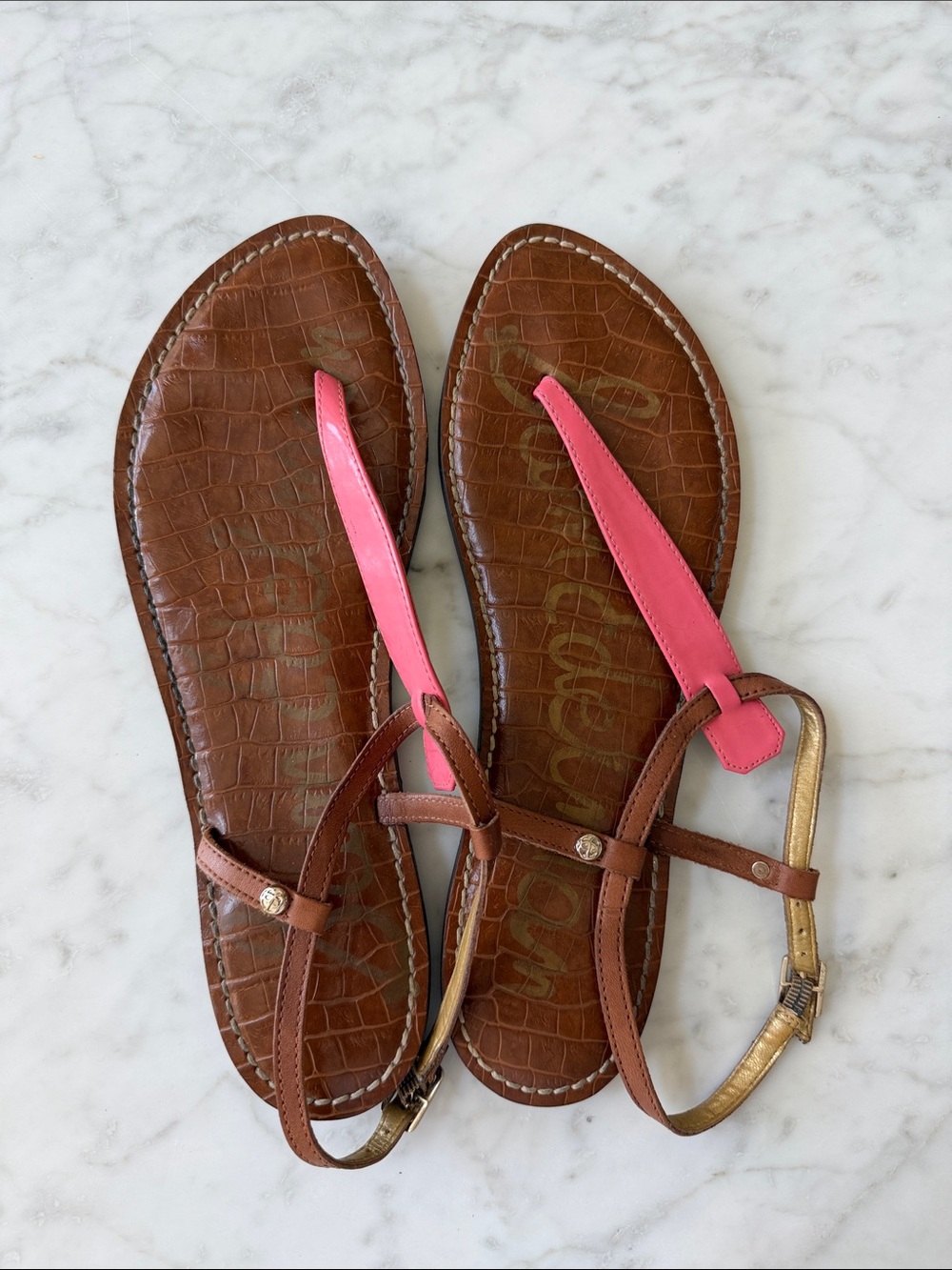Sam Edelman Gigi Brown Pink Leather T-Strap Flat Sandals
